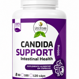 Candida Support 500 mg Uni Ervas en cápsulas, suplemento alimenticio para apoyar la salud intestinal, el equilibrio digestivo y el bienestar general.