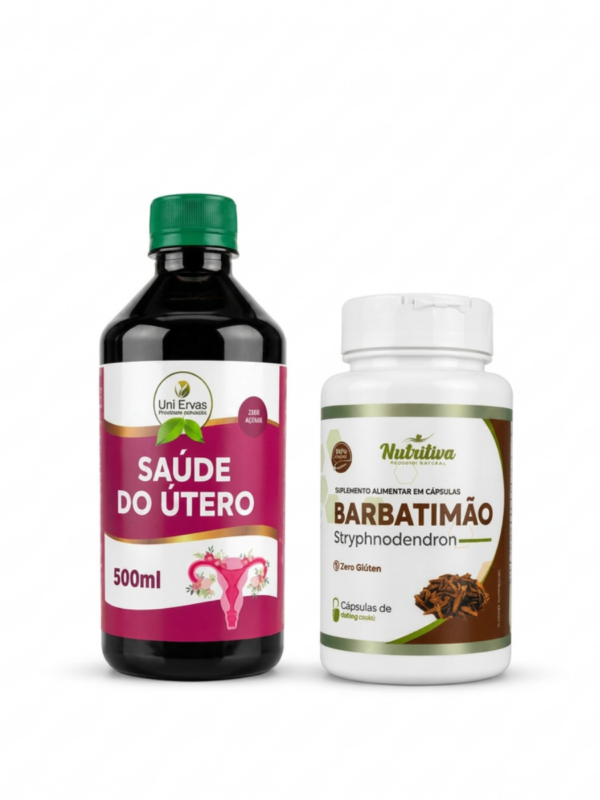 Kit Mujer Íntima con Saúde do Útero 500 ml y Barbatimão 500 mg para bienestar y cuidado femenino.