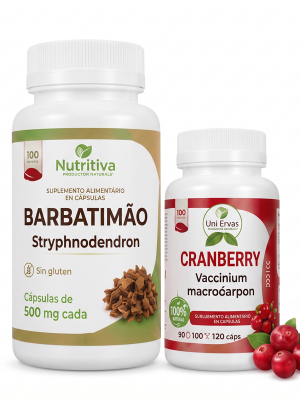 Kit Bienestar Íntimo Femenino Barbatimão y Cranberry para apoyo natural del bienestar íntimo y urinario.
